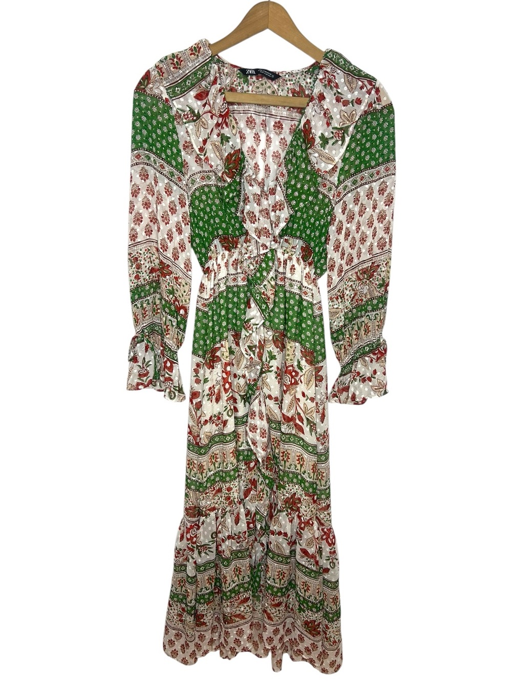 Zara Boho Floral Peasant Midi Dress Green Red Tie Front Long Sleeve M